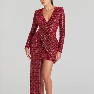NADINE MERABI Burgundy Long Sleeve Embellished Mini Dress